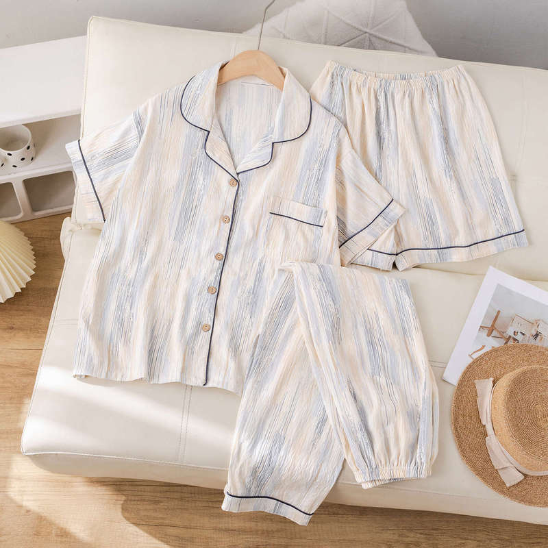Japanese-Style Striped Pajamas for Women 2026 New Summer Thin Short-Sleeve Long Pants Three-Piece Set for Outdoor Wear Home Wear Summer Japanese-Style Striped Pajamas for Women 2026 New Summer Thin Short-Sleeve Long Pants Three-Piece Set for Outdoor Wear Home Wear Summer