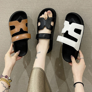 Summer New Style Slippers Women's Casual Flat Bottom One-word Velcro Fashion plus size Colorblock Cyber Celebrant Beach Sandals