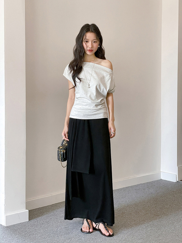 【マイスモール酔い2.0】Geming韓国風通勤ワンショルダー半袖Tシャツ夏新作プリーツトップスW269C|undefined