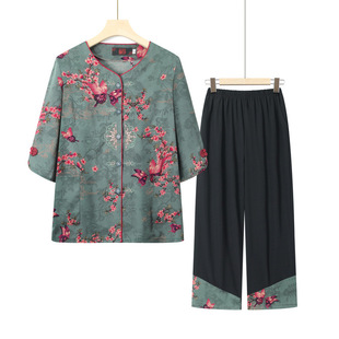 Mom's New Chinoiserie 2024 New Mid-Length Sleeve Spring and Summer Suit Casual Loose Comfortable Fashionable Tops and Pants