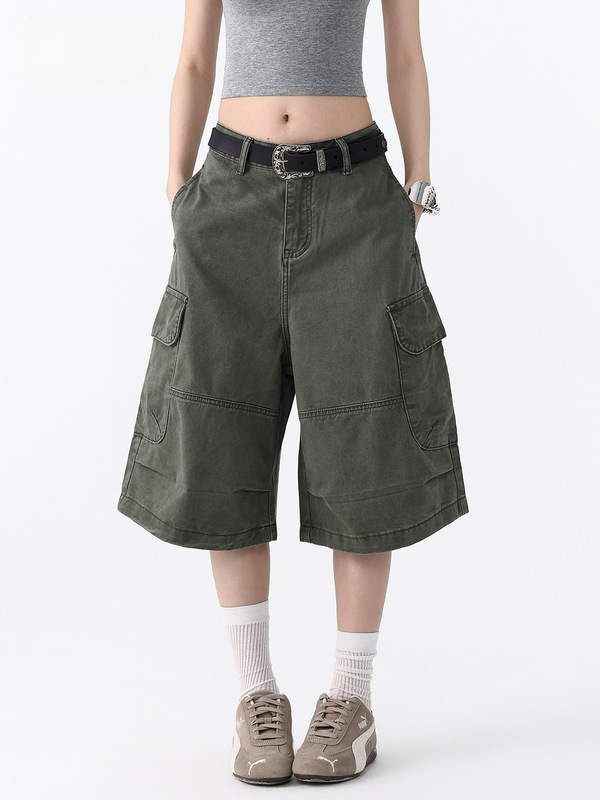 Army Green Multi-Pocket Workwear Style Cropped Denim Shorts for Women, Summer New Low-Waist Loose Casual Wide-Leg Pants Army Green Multi-Pocket Workwear Style Cropped Denim Shorts for Women, Summer New Low-Waist Loose Casual Wide-Leg Pants