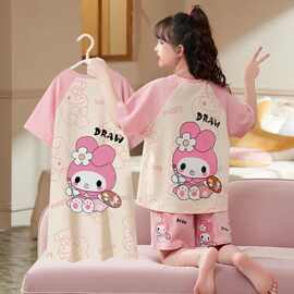 新款时尚卡通夏季短袖三件套裙哪吒睡衣套装中大童儿童女童家居服