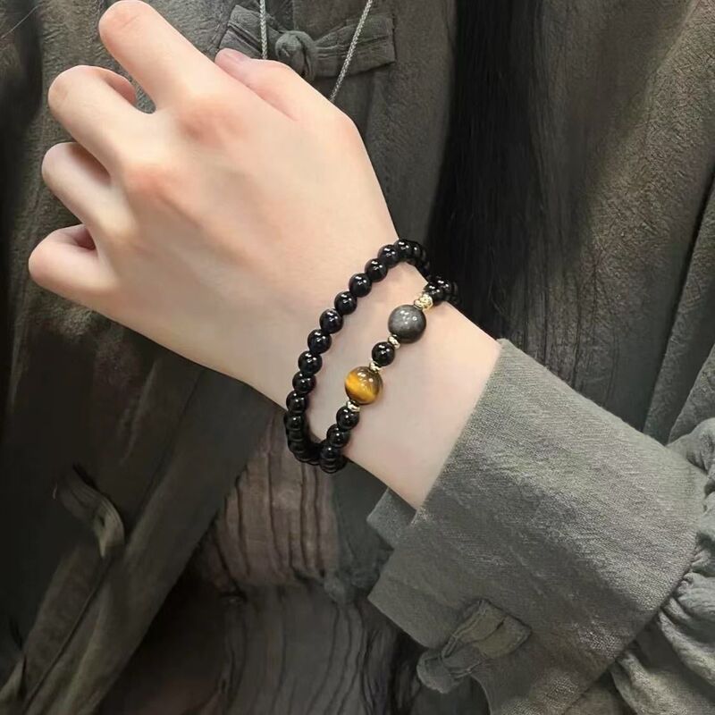 Natural Obsidian Tiger Eye Stone Double Circle Men's and Women's Fashion Couple Bracelet Ancient Style New Chinese Style Obsidian Multi-Layer Natural Obsidian Tiger Eye Stone Double Circle Men's and Women's Fashion Couple Bracelet Ancient Style New Chinese Style Obsidian Multi-Layer