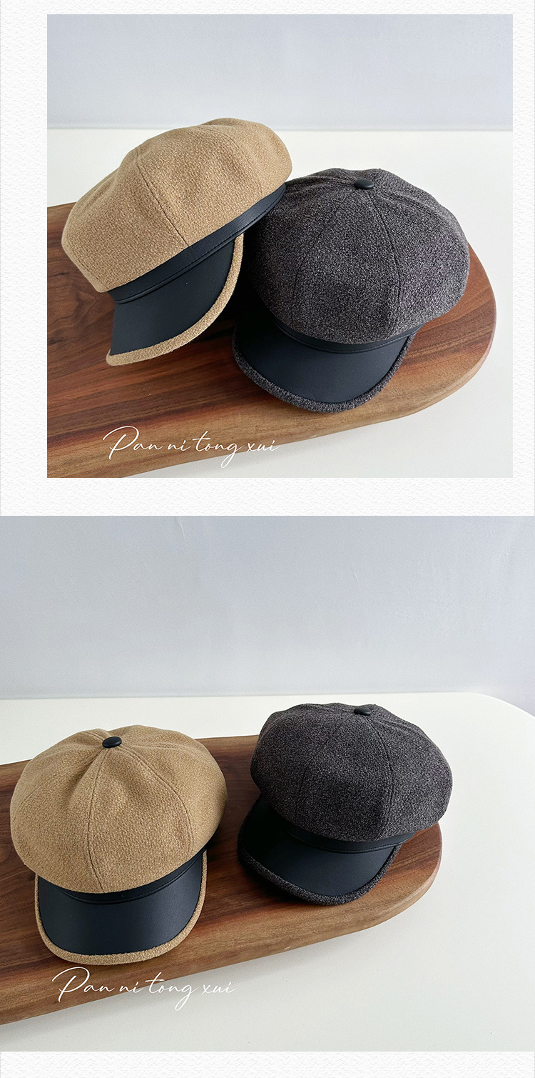 Chapeau octogonal unisexe en cuir PU épissé en laine pour femme, couleur unie, automne-hiver, vintage, chapeau d'artiste, chapeau chaud d'hiver_voghion.com