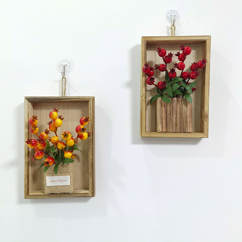 Año Nuevo cuadrado de madera colgante de pared sala de estar colgantes de pared decoración del hogar floral cuttings bayas rojas granada rica