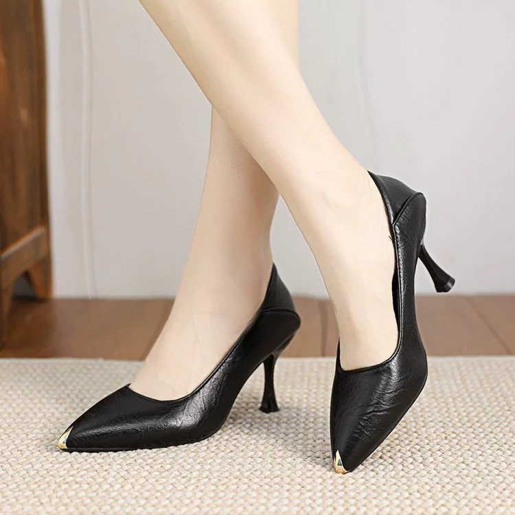 2024 весна/лето-осень, мягкая кожа, острый металлический носок, низкий каблук-шпилька, женские новые черные туфли для скейтборда, однослойная обувь для женщин