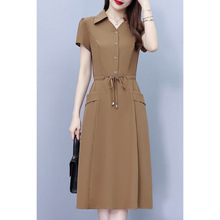 2025气质阔太太高档真丝连衣裙女夏季时尚衬衣领收腰显瘦桑蚕丝a