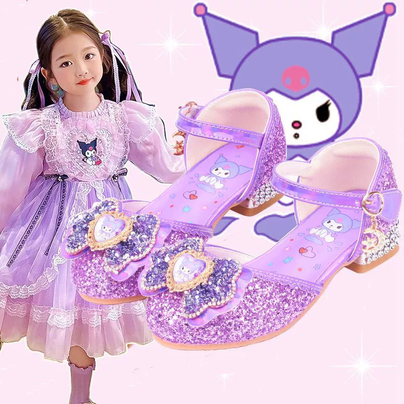 Туфли на каблуках для девочек Весна и Осень Куломи Детская обувь Детская фиолетовая принцесса Кристалл Мягкая подошва Одиночки Детские кожаные туфли