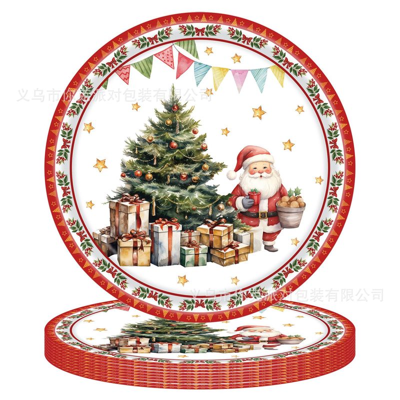 水彩クリスマスパーティー紙皿クリスマスツリーサンタクロース使い捨て紙コップティッシュテーブルクロスパーティー皿|undefined