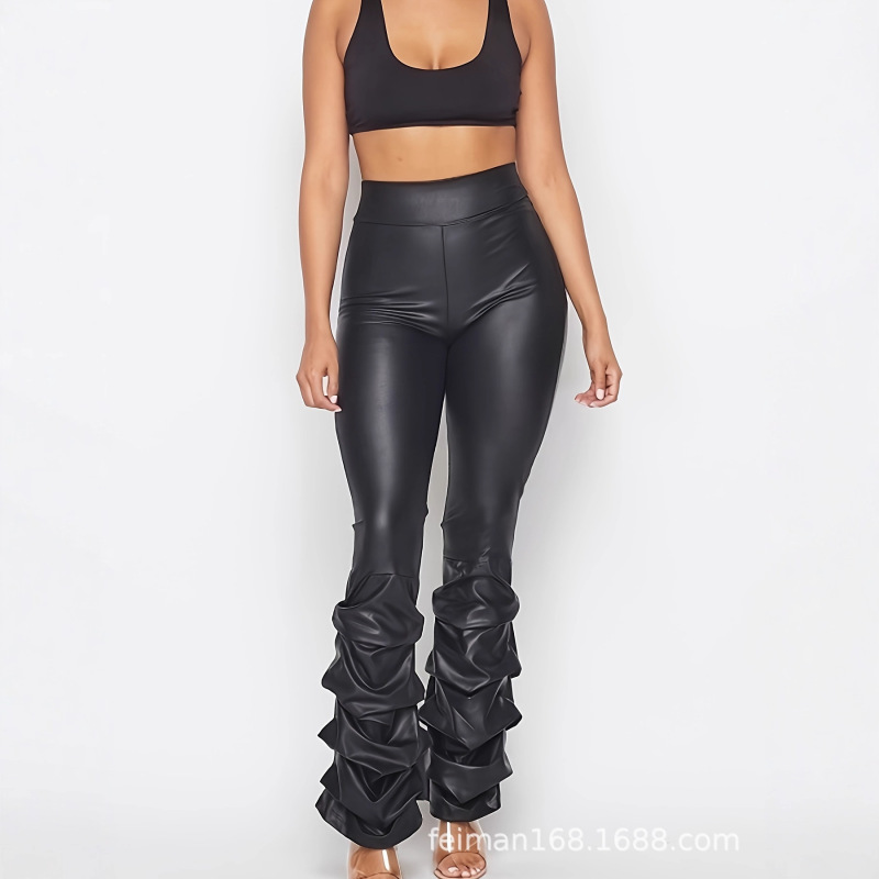 Cross-Border Women's High-Waisted Pleated Stretch Layered Patent Leather Imitation Leather Pants, Stretch Tight Pants