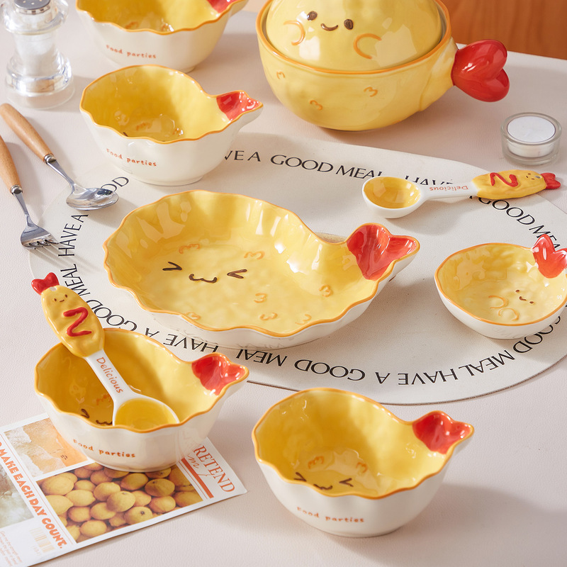 Cute shrimp-shaped ceramic bowl and dish set, a stylish and adorable cartoon tableware set for home use, perfect for individual servings Cute shrimp-shaped ceramic bowl and dish set, a stylish and adorable cartoon tableware set for home use, perfect for individual servings