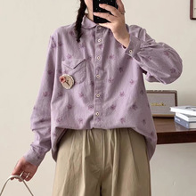 日韩秋冬新款 日系文艺森女系上衣 宽松小兔子印花磨毛衬衫女长袖