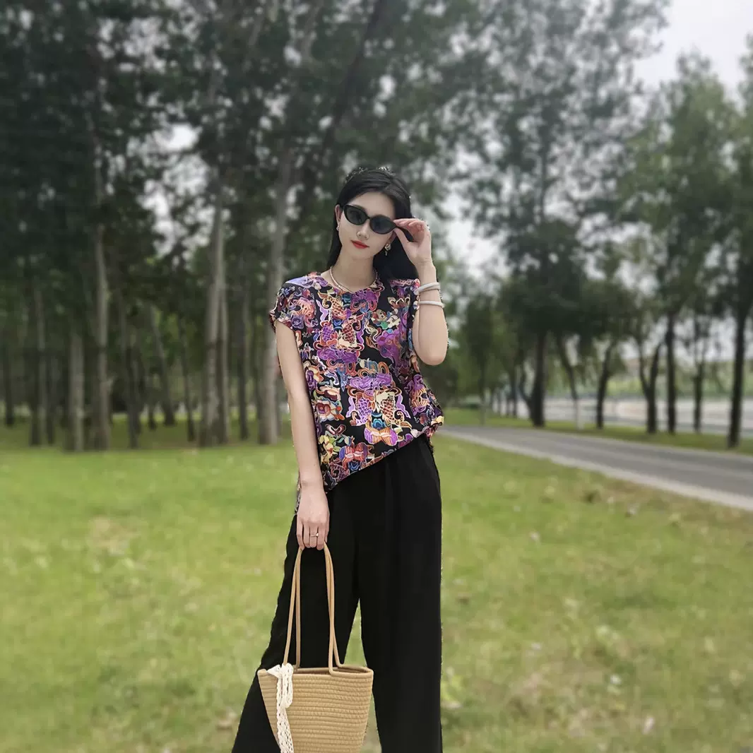 棉绸新中式短袖女t恤2025新款花色人造棉薄款宽松上衣显瘦小衫女