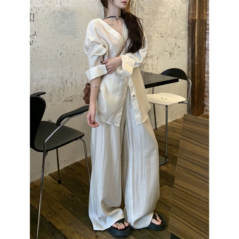 慵懒风套装领长袖衬衫上衣女年春秋季高腰休闲裤长裤两件套|undefined