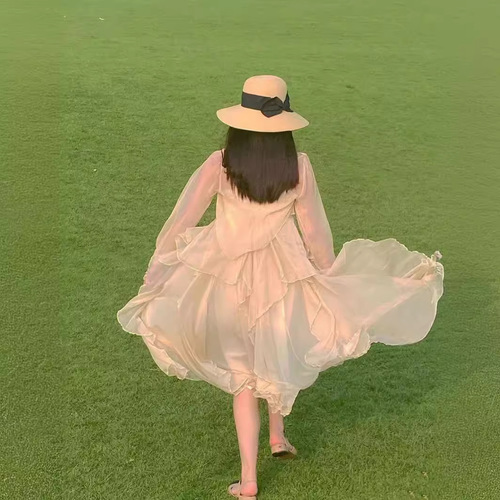 2025 Fashion Solid Color Cardigan + Alice in Wonderland Trendy Oversized Strap Dress Long Dress Set