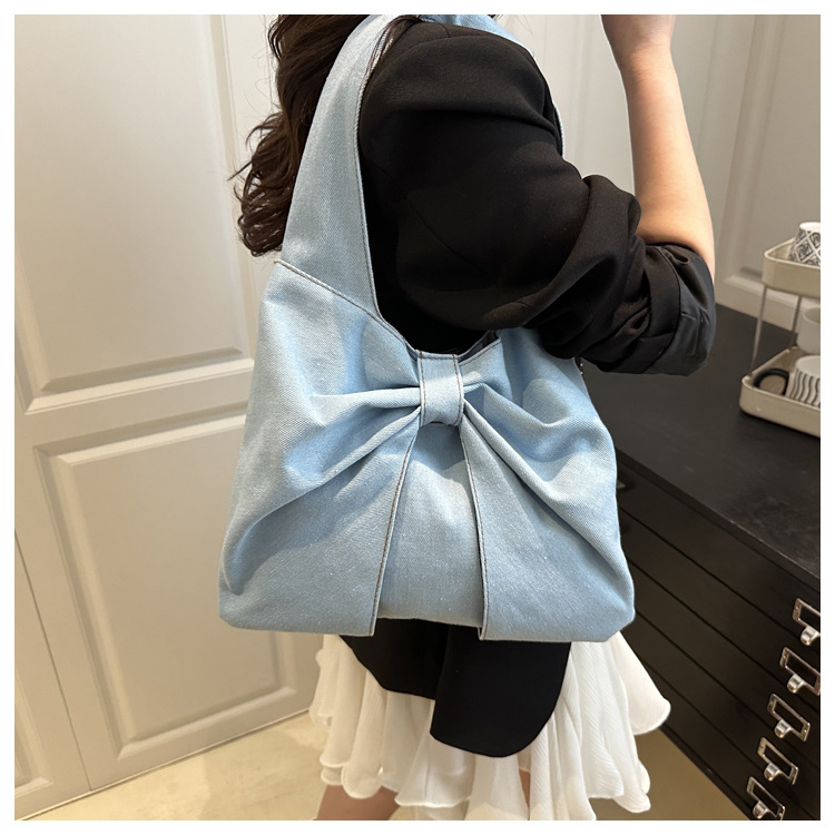 Open Closure Type Women's Large Denim Bow Knot Streetwear Sewing Thread Square Open Tote Bag