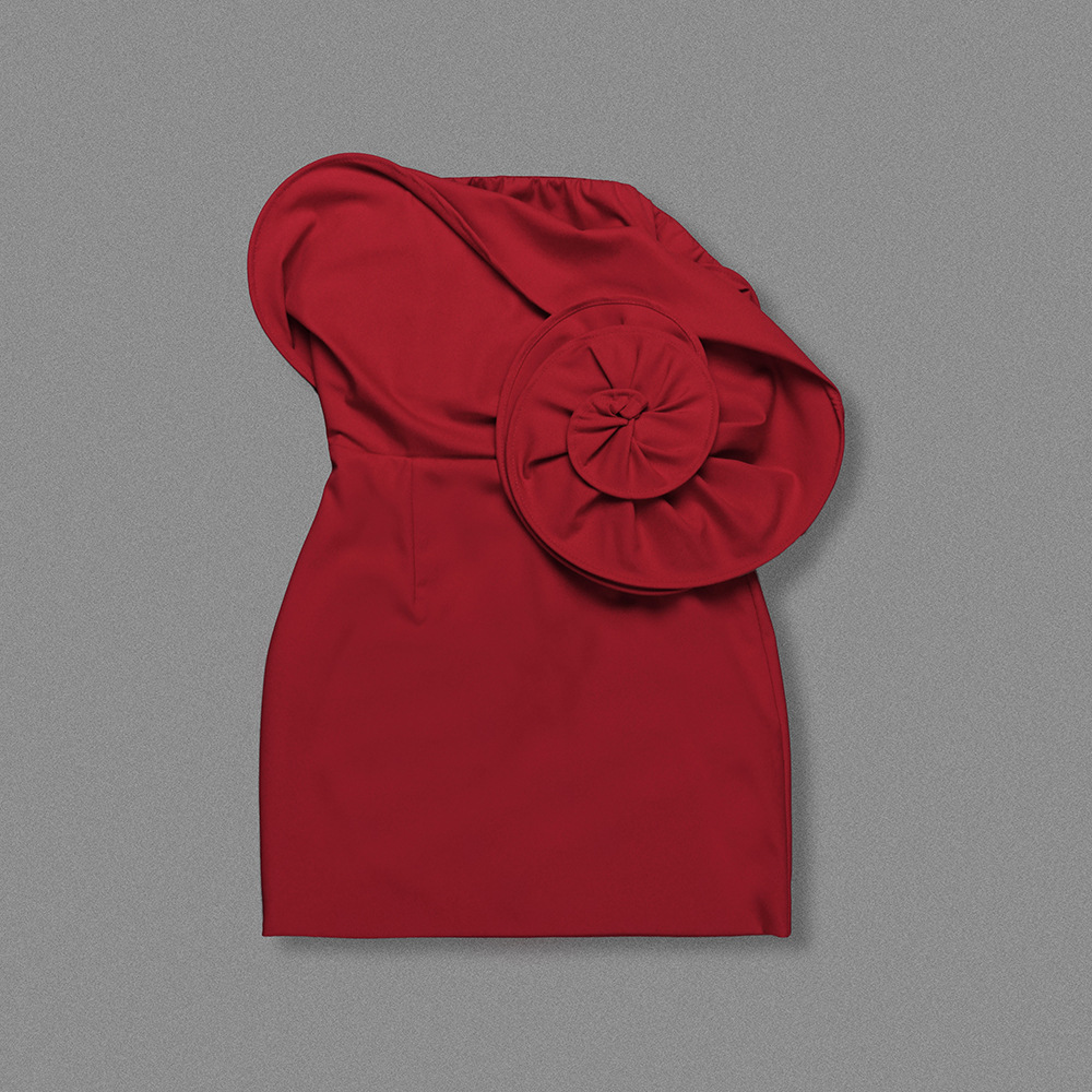 Summer Red Tube Top Floral Three Dimensional Hip Bag Dress Spicy Women Clothing
