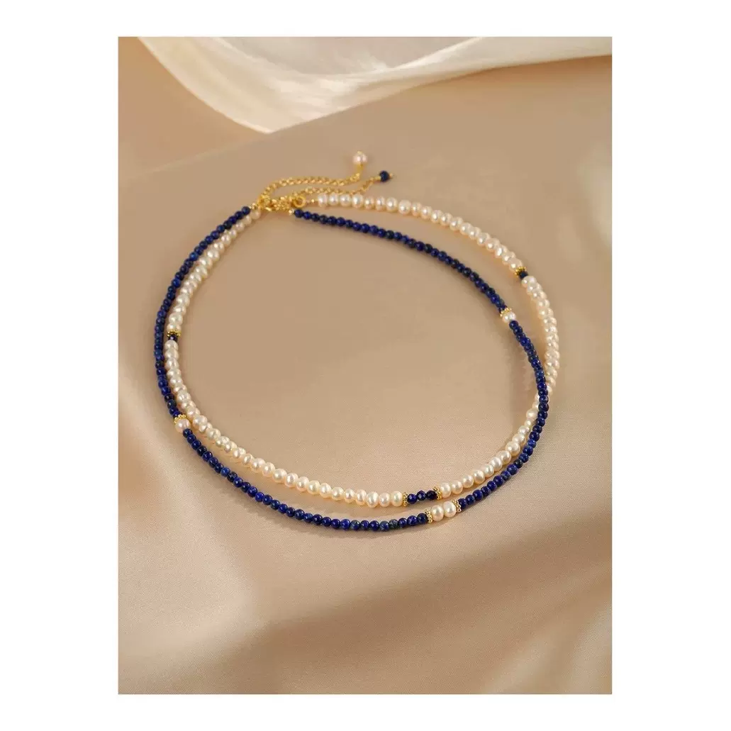 新品天然淡水珍珠双层女士短款项链 青金石珍珠项链 平步青云寓意