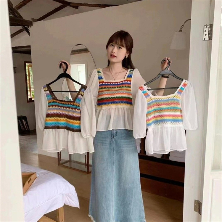 Chiffon Knitted Lace Pullover Short Sleeve Embroidered Hollow Women's Top Summer Thin Bohemian Ethnic Style