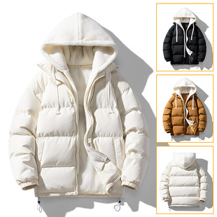 2024 Teenagers Men and Women with Loose Sports Leisure Solid Color Thickened Fake Two-piece Hooded Cotton-padded Jacket for Couple
