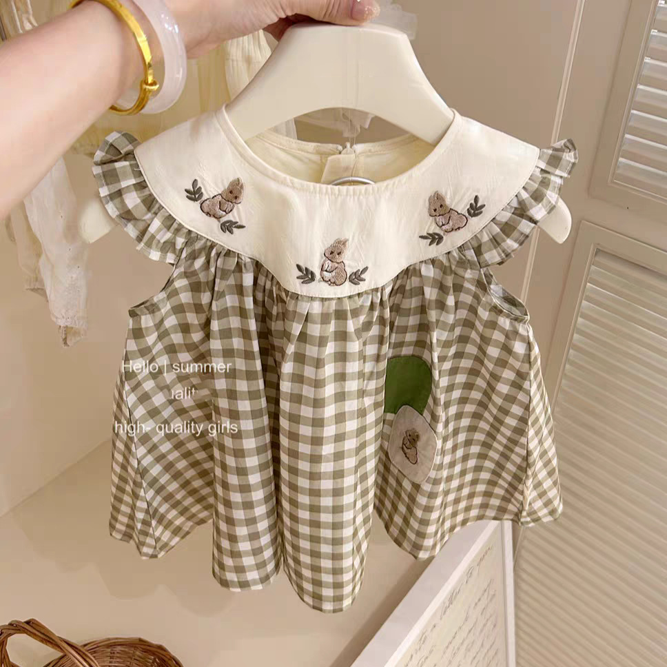 Xianning siete niñas 25 verano nuevo estilo conejo verde falda a cuadros vestido de estilo occidental para bebés falda de princesa coreana marea