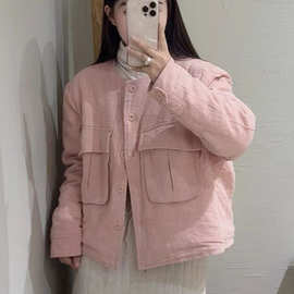 2025冬季新款文艺复古天丝苎麻棉服女宽松短款拼接口袋糖果色棉衣