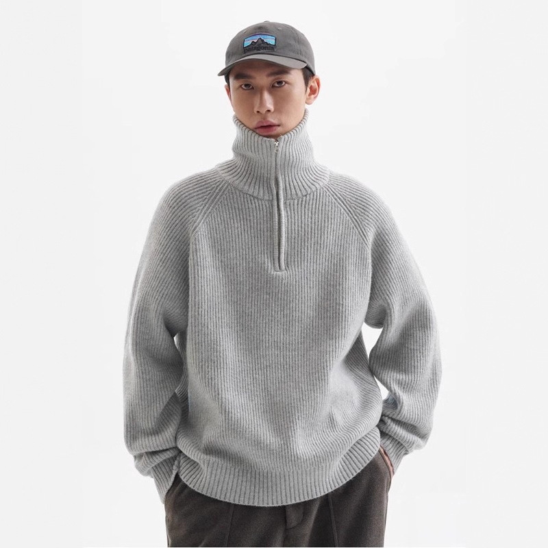 High-End Half-Zip High-Neck Thickeneded Knitwear Men's Autumn and Winter Retro Lazy Style Loose Knitted Knitwear Pullover Top