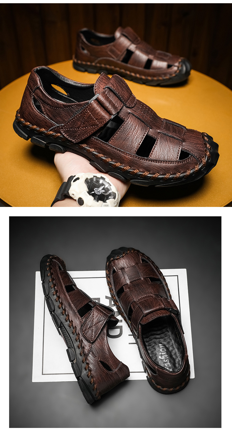 Men’s Summer Closed-toe Leather Sandals With Velcro Strap_voghion.com