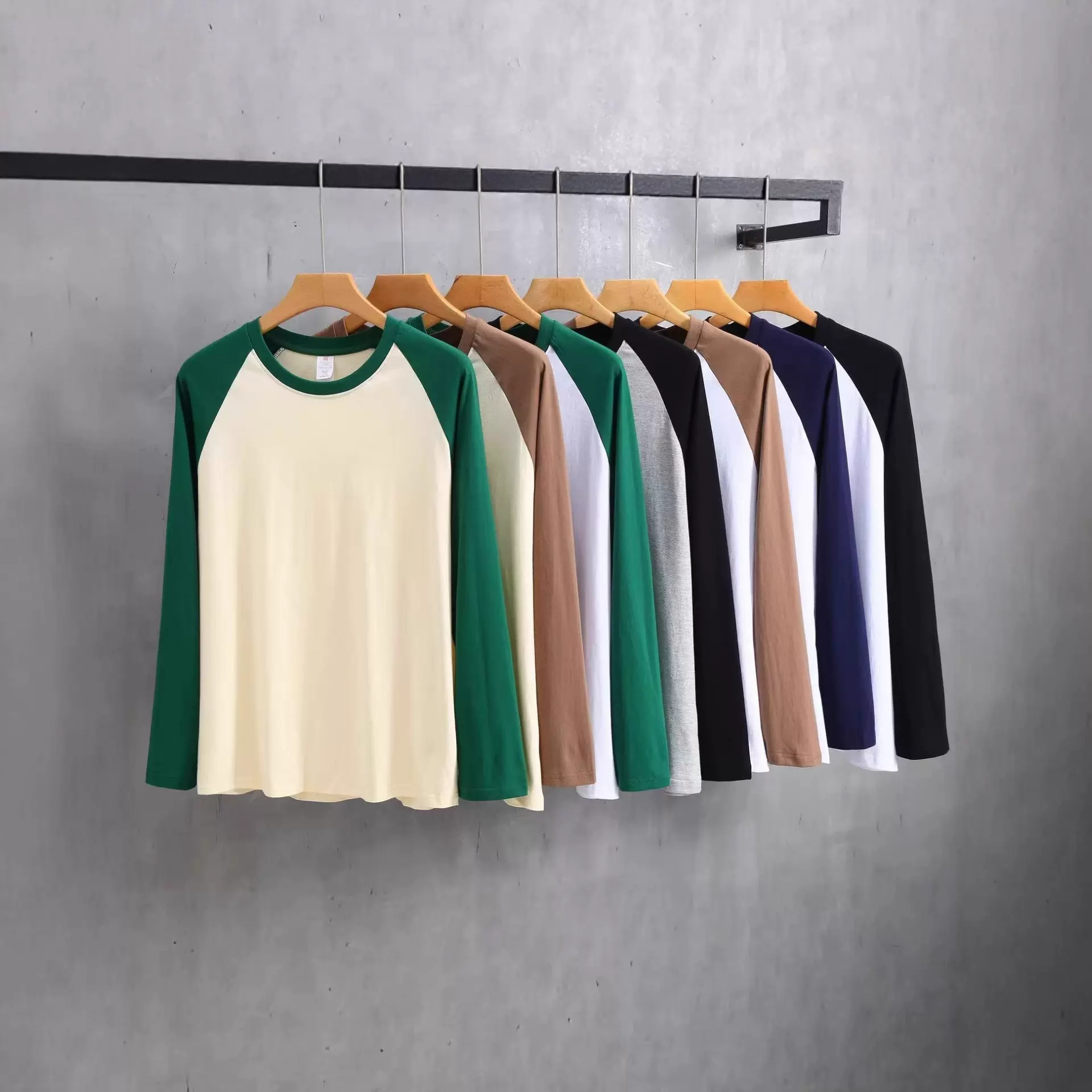 加工定制插肩纯棉长袖t恤男220g宽松内搭情侣秋衣撞色长袖上衣