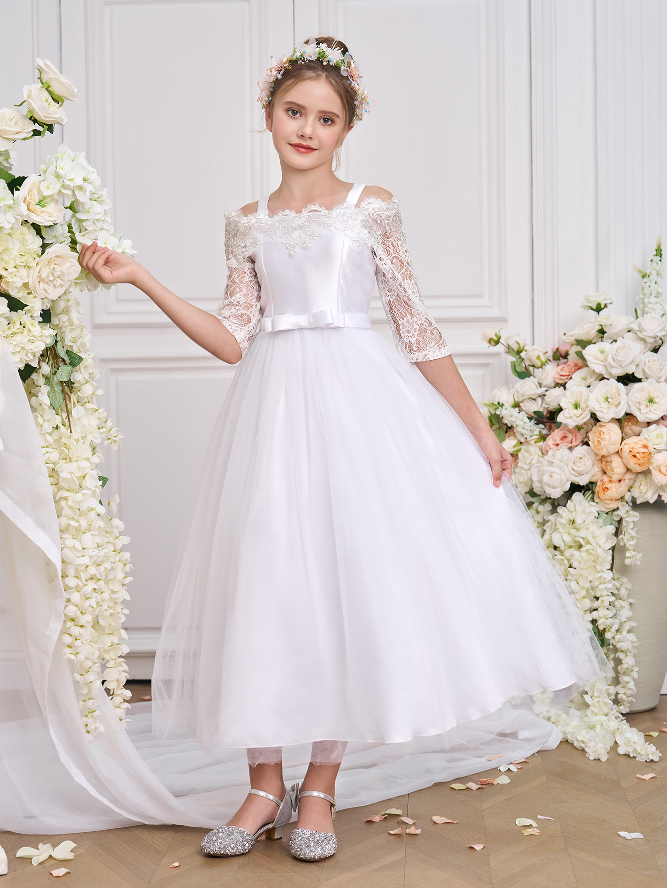 Kids dress vestido de manga larga de encaje para niñas europeas y americanas vestido para niños vestido de novia de niña de las flores vestido de rendimiento