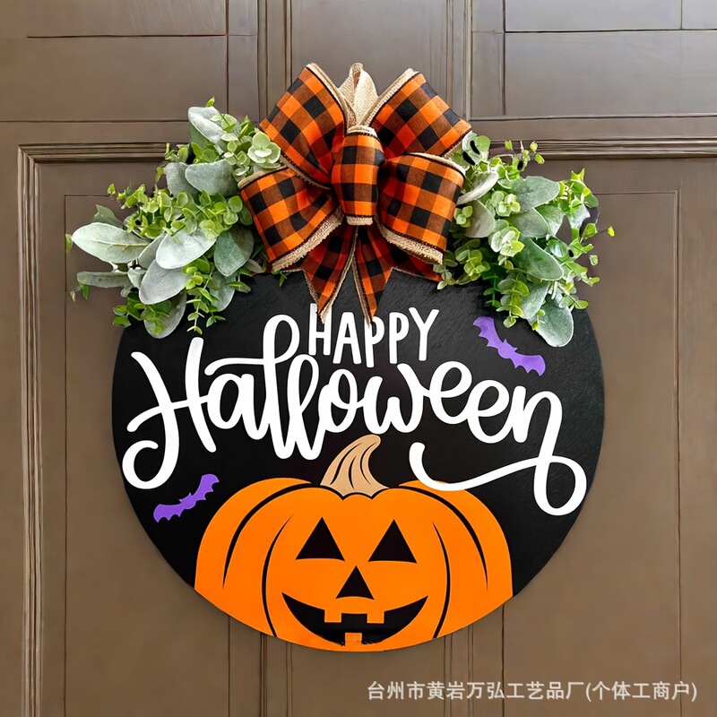 Halloween wooden door sign with pumpkin, bat, plaid, and bowknot designs, featuring artificial flowers, for front door decoration and festive hanging ornaments Halloween wooden door sign with pumpkin, bat, plaid, and bowknot designs, featuring artificial flowers, for front door decoration and festive hanging ornaments