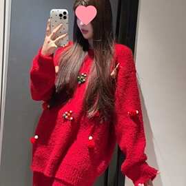 甜美圣诞新年半边绒红色睡衣女冬季新款针织长袖长裤家居服套装冬