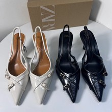 ZA2024新款法式交叉扣高跟凉鞋女尖头高跟鞋外穿后绊带凉鞋凉拖