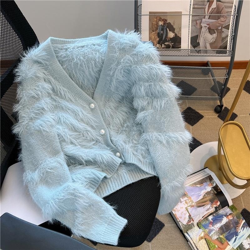 Suéter glutinoso suave de la borla para las mujeres 2023 primavera y otoño nuevo estilo de piel sintética visón suéter con cuello en V cardigan corto abrigo de moda para las mujeres