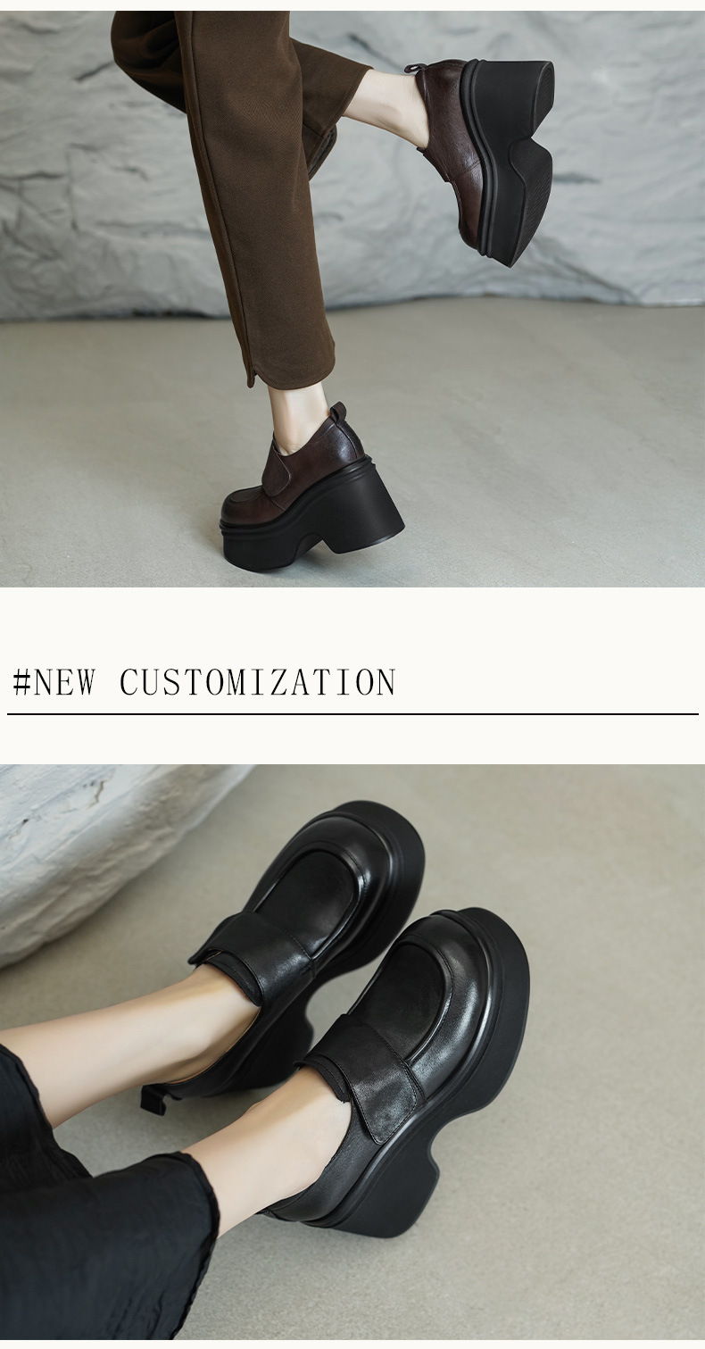 Giày loafer nữ đế xuồng cao gót 9 cm, da bò thật, quai dán tiện lợi — màu nâu, màu đen chi tiết 3