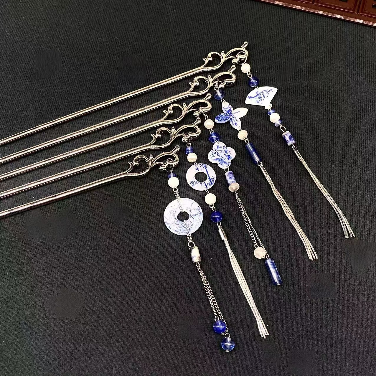 簡約古風青花瓷髮簪新中式漢服流蘇盤髮簪子髮飾旗袍小眾扇子頭飾