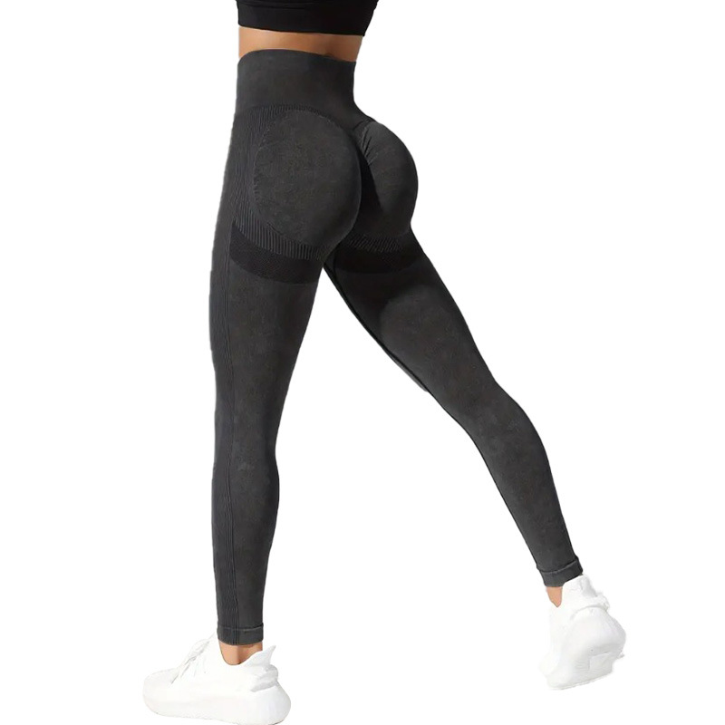 Pantalones de yoga sin costuras de punto lavados transfronterizos, cintura alta, glúteos, ropa de yoga esmerilada, pantalones de fitness para correr deportivos delgados de verano