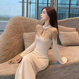 H25098新中式国风杏色蕾丝拼接连衣裙新款早秋气质修身包臀旗袍裙