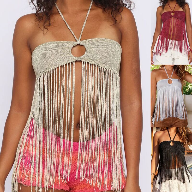 In-Stock European and American Cross-Border Summer Sexy Hot Girl Halter Neck Tie Strap Cutout Tassel Shiny Top Tank Top Su4360 In-Stock European and American Cross-Border Summer Sexy Hot Girl Halter Neck Tie Strap Cutout Tassel Shiny Top Tank Top Su4360