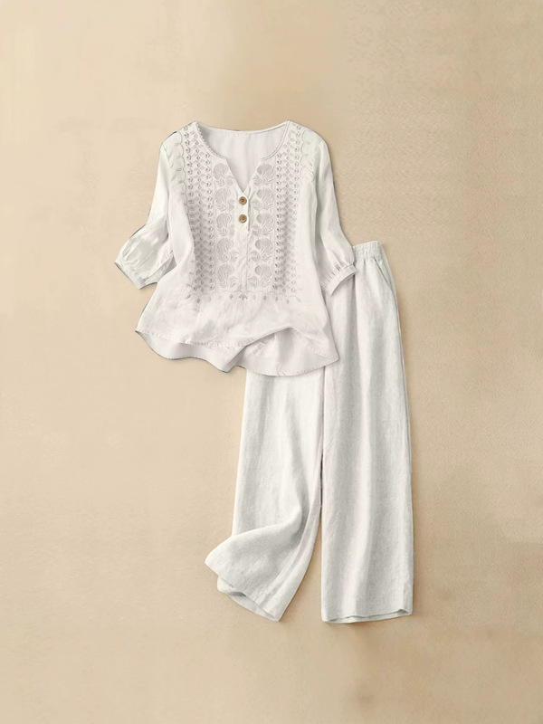 Casual Linen Embroidery Set, New Spring and Summer Two-Piece Set