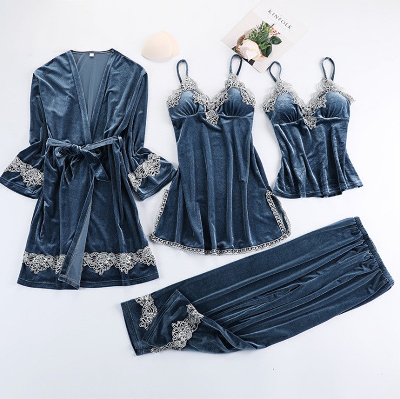 Women’s Gold Velvet Pajama Set with Chest Pad, Sling Nightgown and Long-Sleeve Homewear, Four-Piece — detail image 2