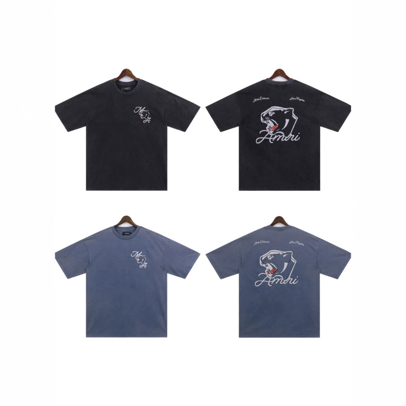 26 Three-Label High-Quality Short-Sleeve Amiri T-Shirt with Printed Wash Effect, American-Style Heavyweight Pure Cotton, Unisex American Retro Print