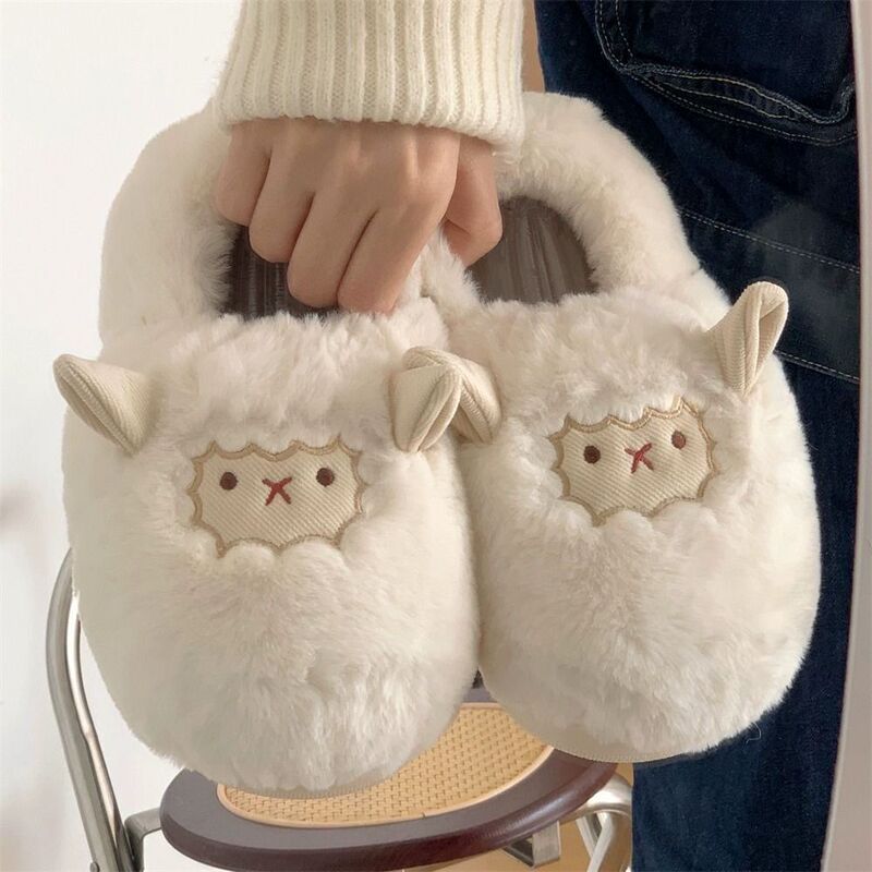 Cute Little Sheep Cotton Slippers for Women, Home Cotton Slippers for Women, Fleece-Lined Cotton Slippers for Men, Warm Shoes, Confinement Shoes, Women's Toe-Toe Slippers