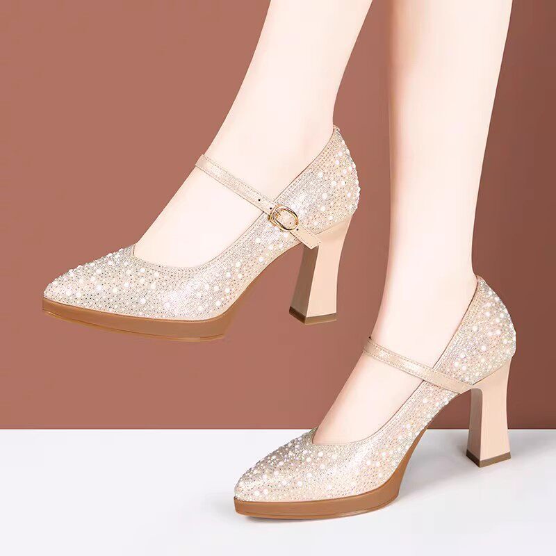 High-heeled chunky-heeled platform shoes with shiny rhinestones for cheongsam model runway shows, women's shoes in various sizes, gold-colored square dance shoes for women High-heeled chunky-heeled platform shoes with shiny rhinestones for cheongsam model runway shows, women's shoes in various sizes, gold-colored square dance shoes for women