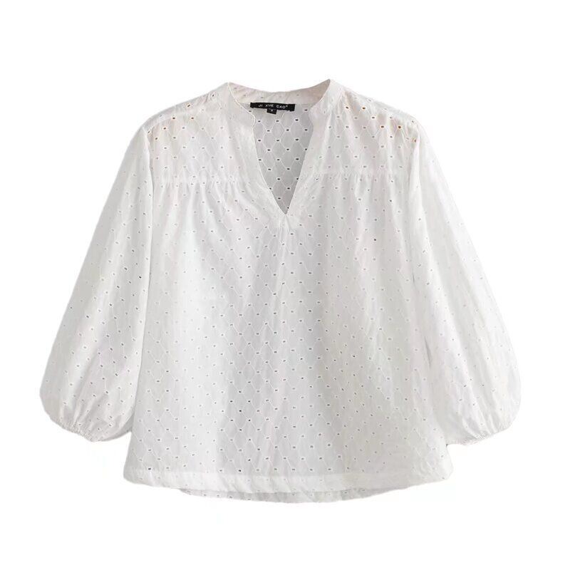 Zarw Homemade Elegant Fashionable Casual Loose Versatile Mesh Cotton V-Neck Pure Color Shirt Summer New Women's Clothing