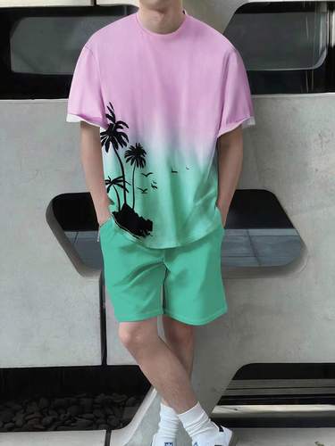 TEMU Summer 3D Print T-shirt and Short Set for Men, Gradient Coconut Tree Pattern Casual Trendy