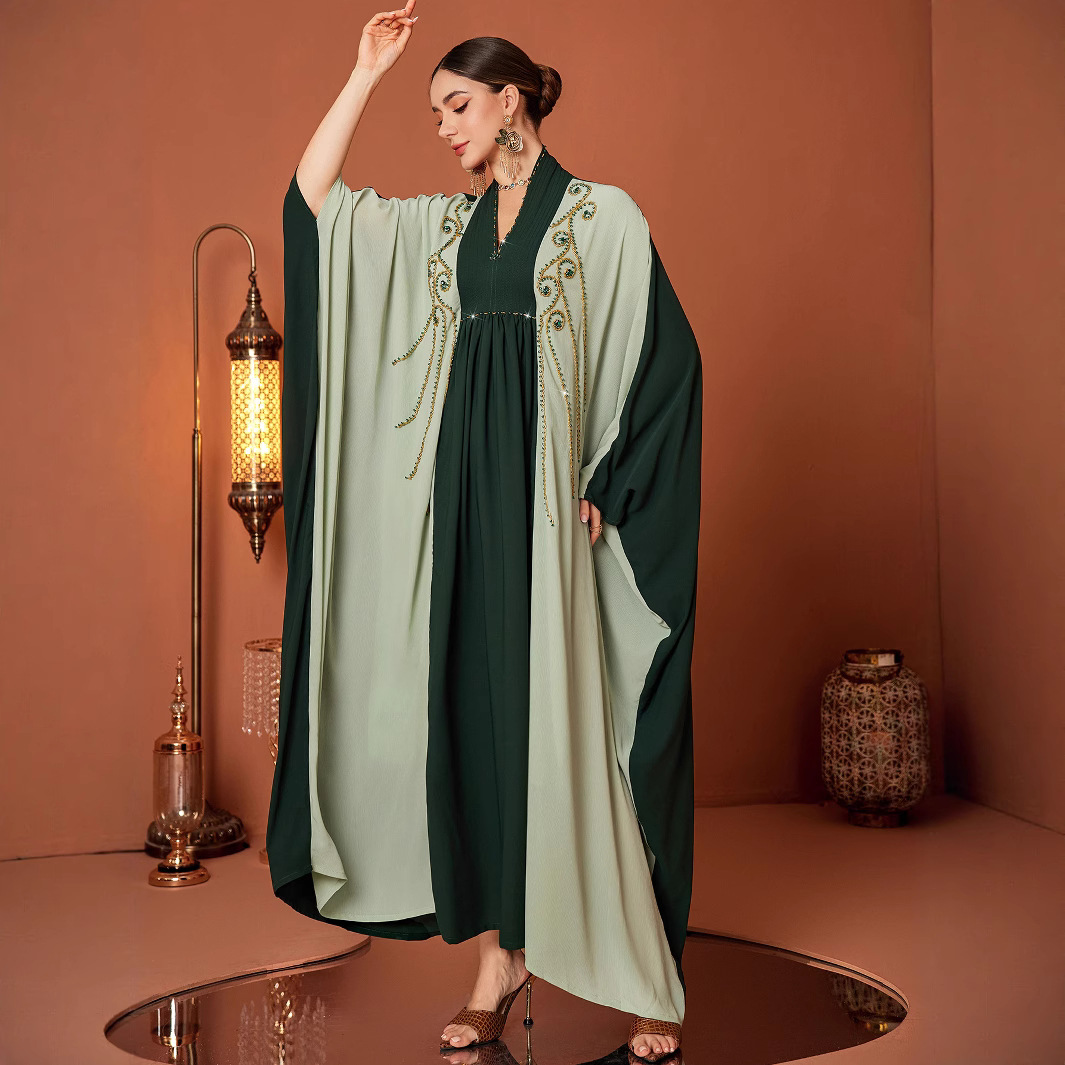 Dark Green Color Matching Handmade Embroidered Beads Batwing Sleeve Cloak Muslim Fashionable Elegant Gown