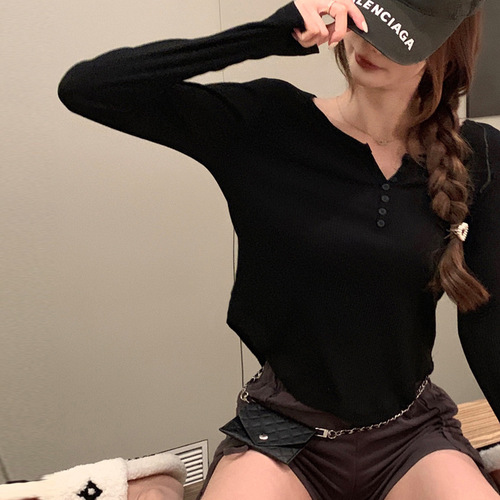 Threaded Base Shirt for Women | Spring/Summer Inner Wear | European Style 2025 | Trendy, Slim-Fit Top with Buttons | Long-Sleeve T-Shirt