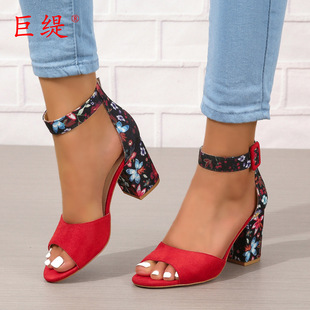Juhiti Spot New European and American Fashion Large Size Embroidered Thick Heel Women's Sandals Export Women's Buckle High Heel Sandals