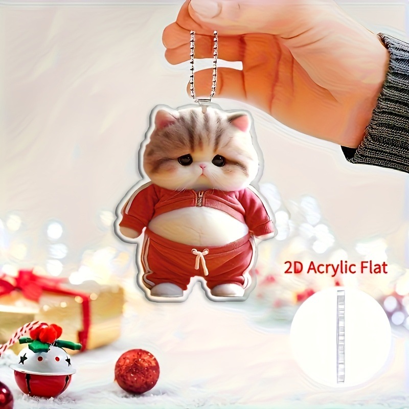 2D平面可爱胖猫车挂饰带红色运动服和白条纹的亚克力钥匙扣